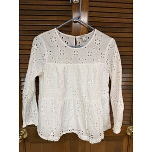 J.Crew White‎ Eyelet Peasant Top S Boho Cottagecore Coastal Preppy Blouse